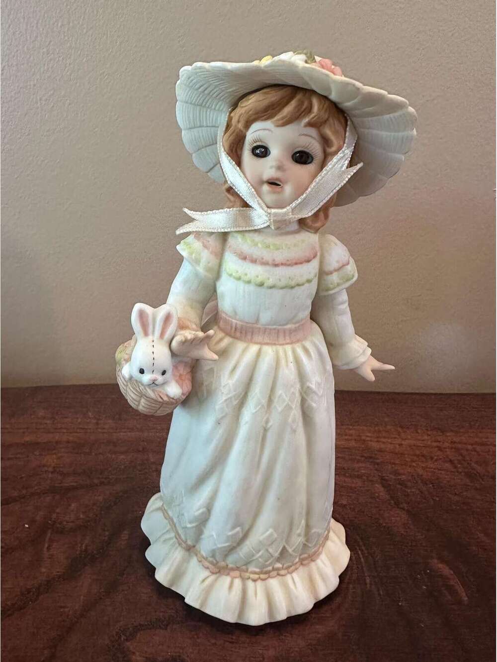 Vintage Enesco Easter Doll Girl with Bunny in Basket Porcelain Figurine